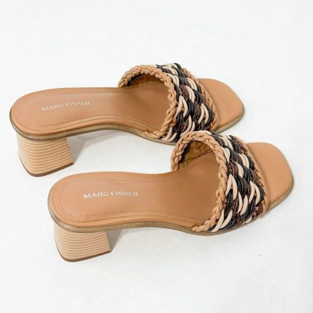MARC FISHER Alana low block heel sandals in braided browns EUC! Lots of tread